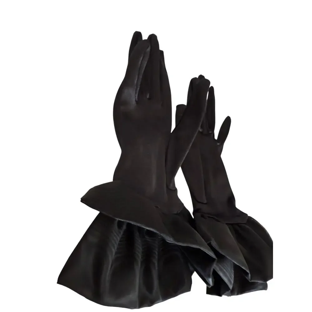 Imagnin Black Satin Ruffle Cuff Evening Gloves SZ 10 Formal Gothic Romantic NEW